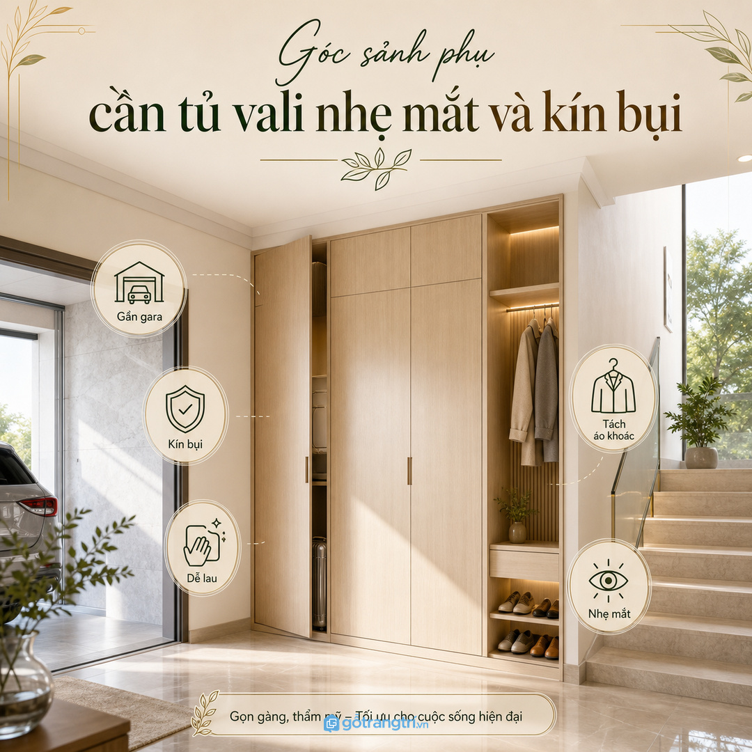 Góc sảnh phụ cần tủ vali nhẹ mắt và kín bụi