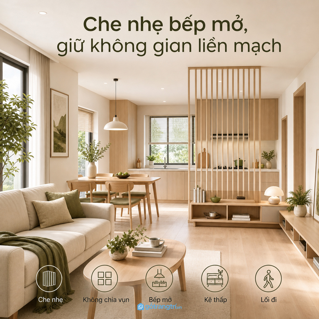 Bếp liền phòng khách cần che nhẹ mà không chia vụn nhà