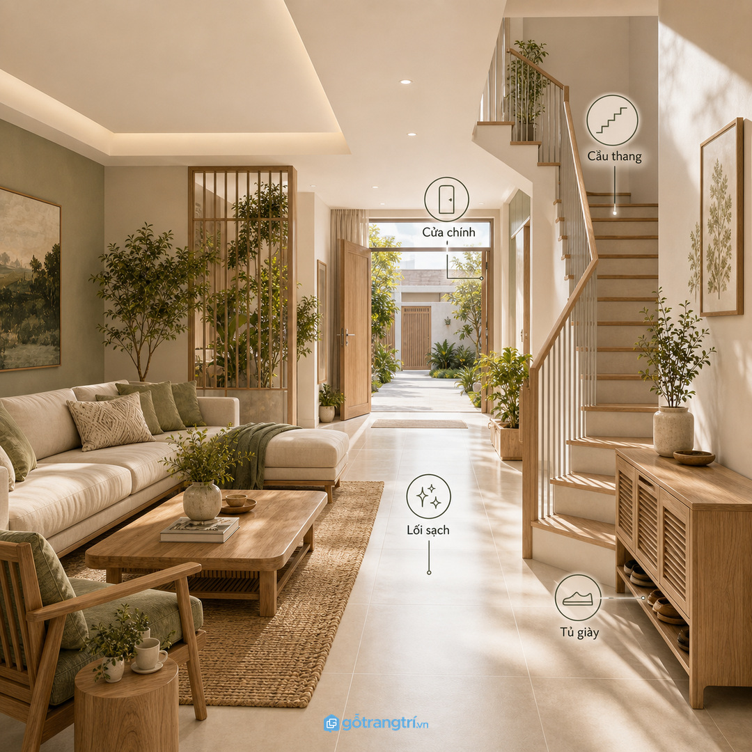 Nhà phố có góc cầu thang cần xử lý bo cạnh và ánh sáng