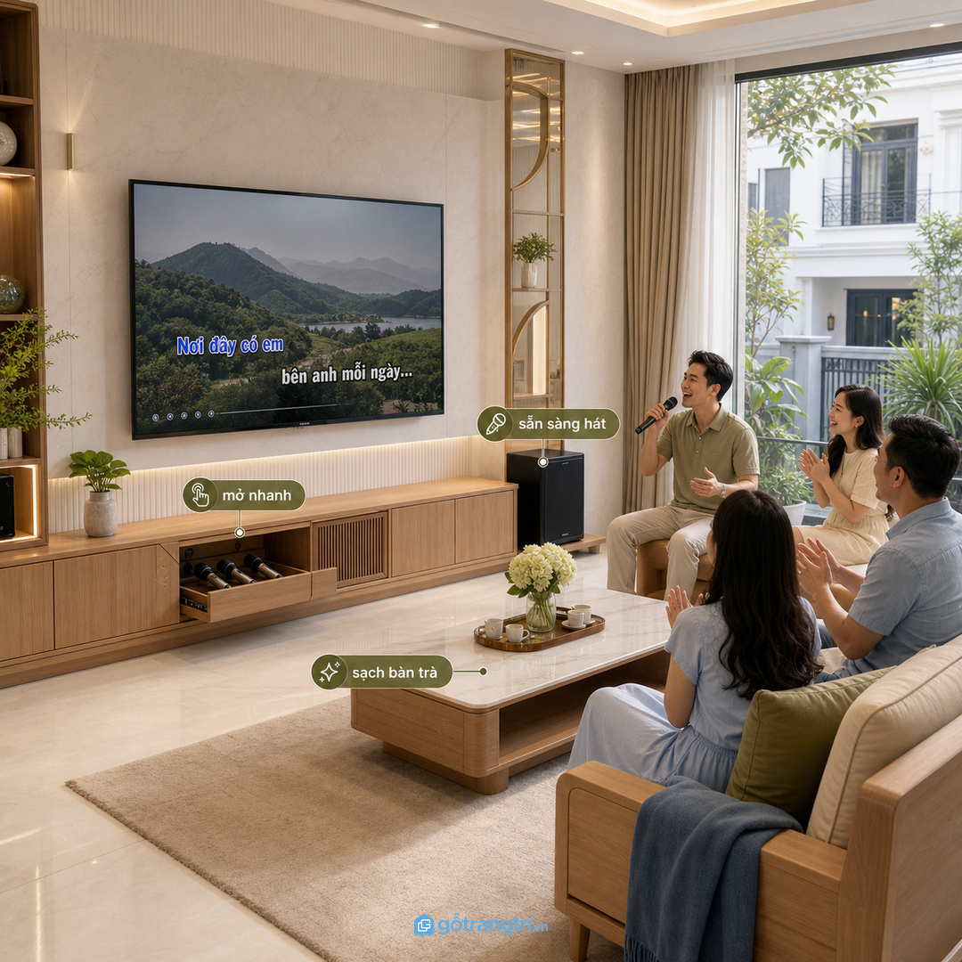 Nhà phố tiếp khách nhiều nên có khoang mở nhanh và giấu dây sạch