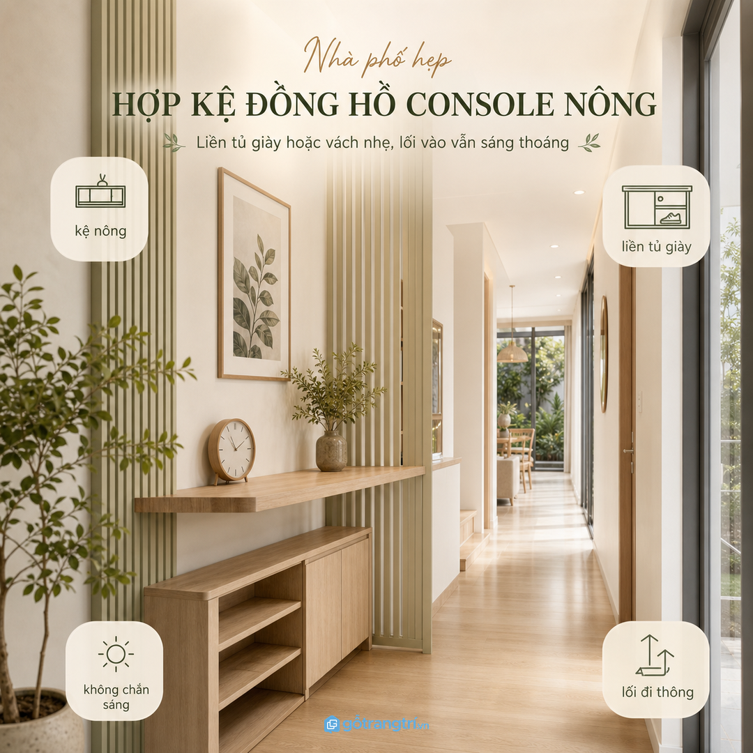 Nhà phố hẹp hợp kệ đồng hồ console nông, liền tủ giày hoặc vách nhẹ