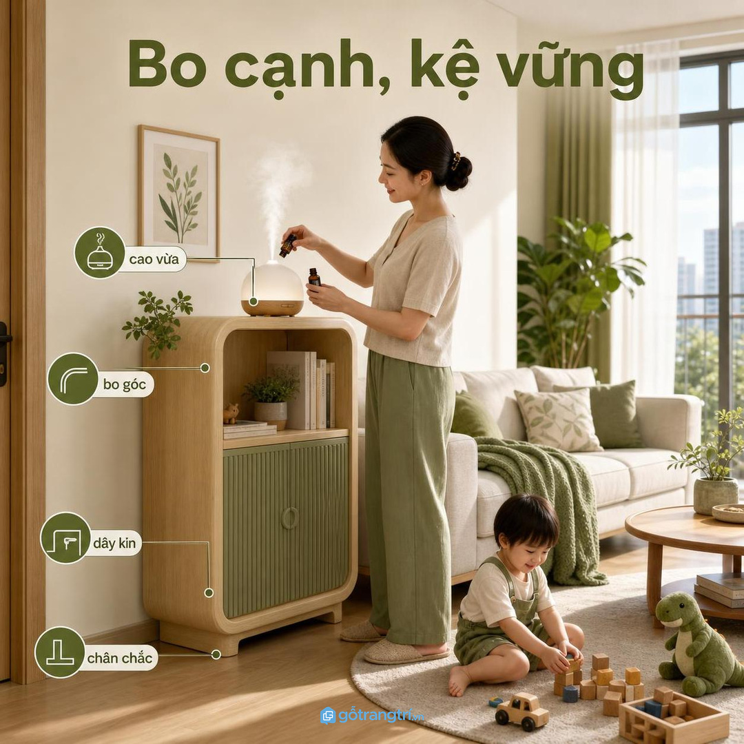 Gia đình có trẻ nhỏ nên đặt máy cao vừa và kệ bo cạnh