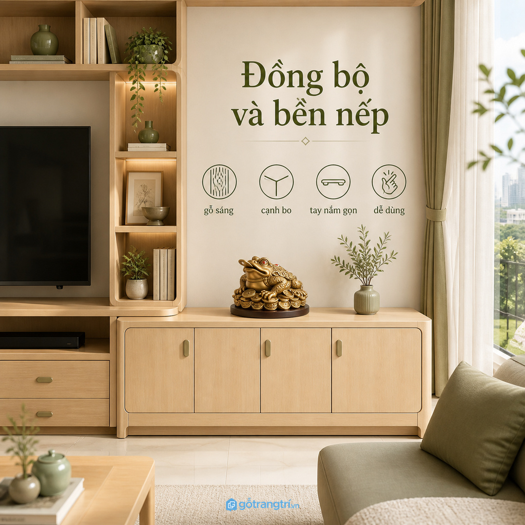 Kệ may đo đồng bộ màu gỗ sáng giúp góc tài lộc bền nếp