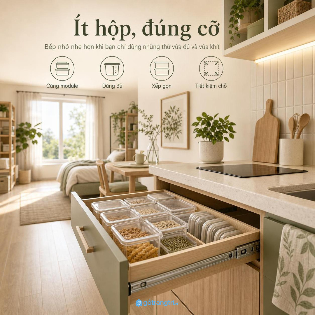 Bếp rất nhỏ nên giữ ít hộp nhựa nhưng đúng module kích thước
