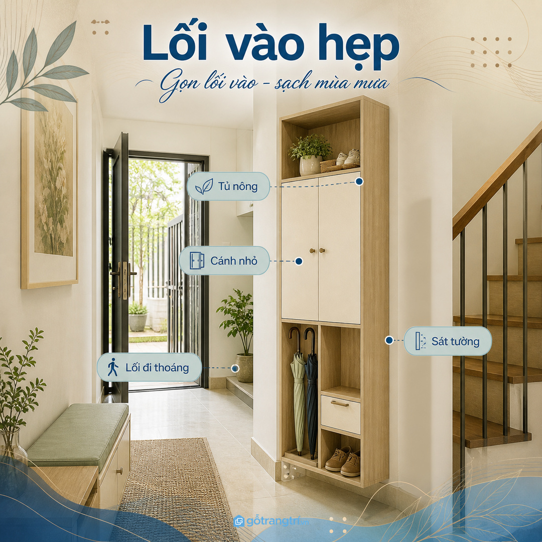 Lối vào hẹp hợp tủ nông, cánh nhỏ và bố trí sát tường