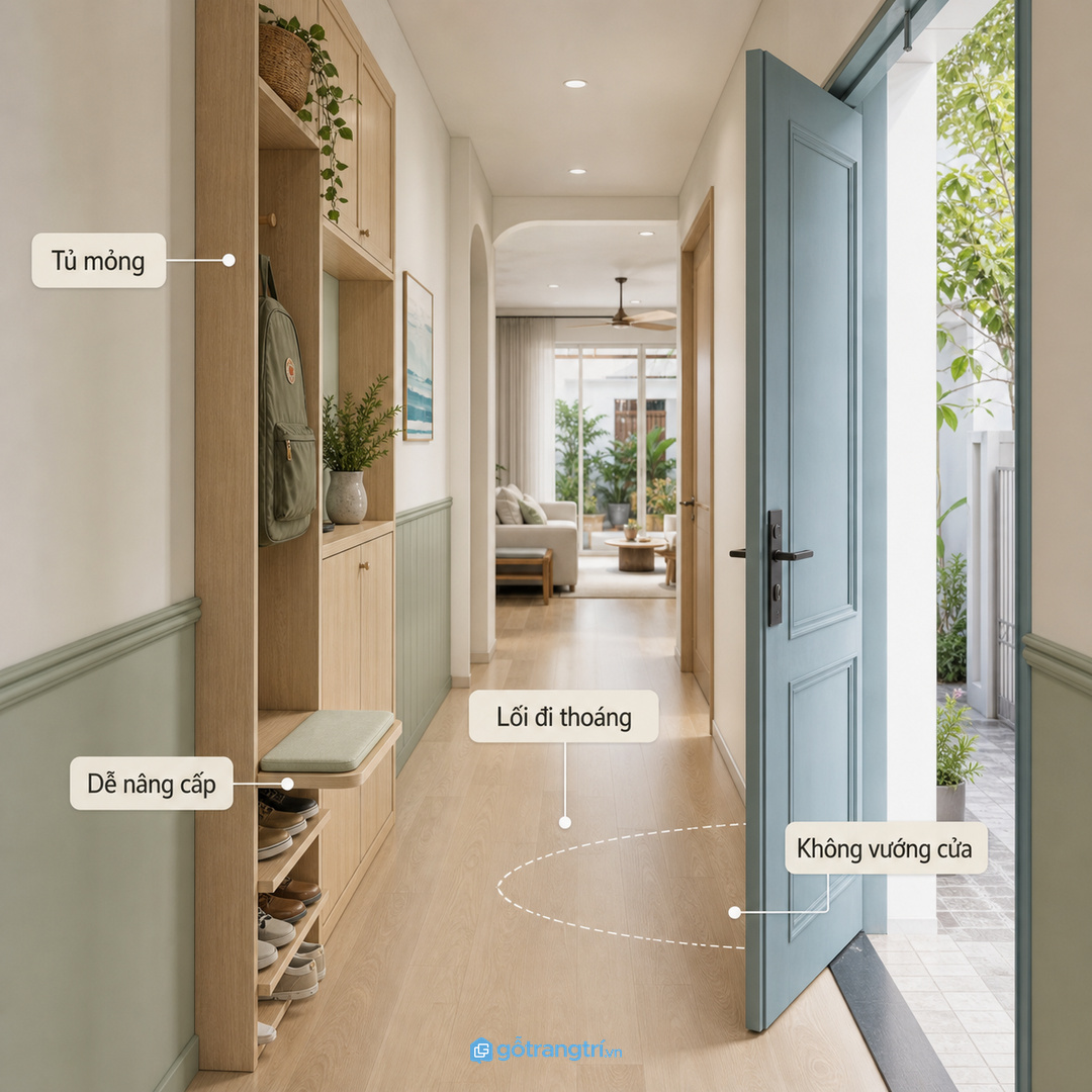 Nhà phố hẹp cần tủ mỏng, ít vướng cửa
