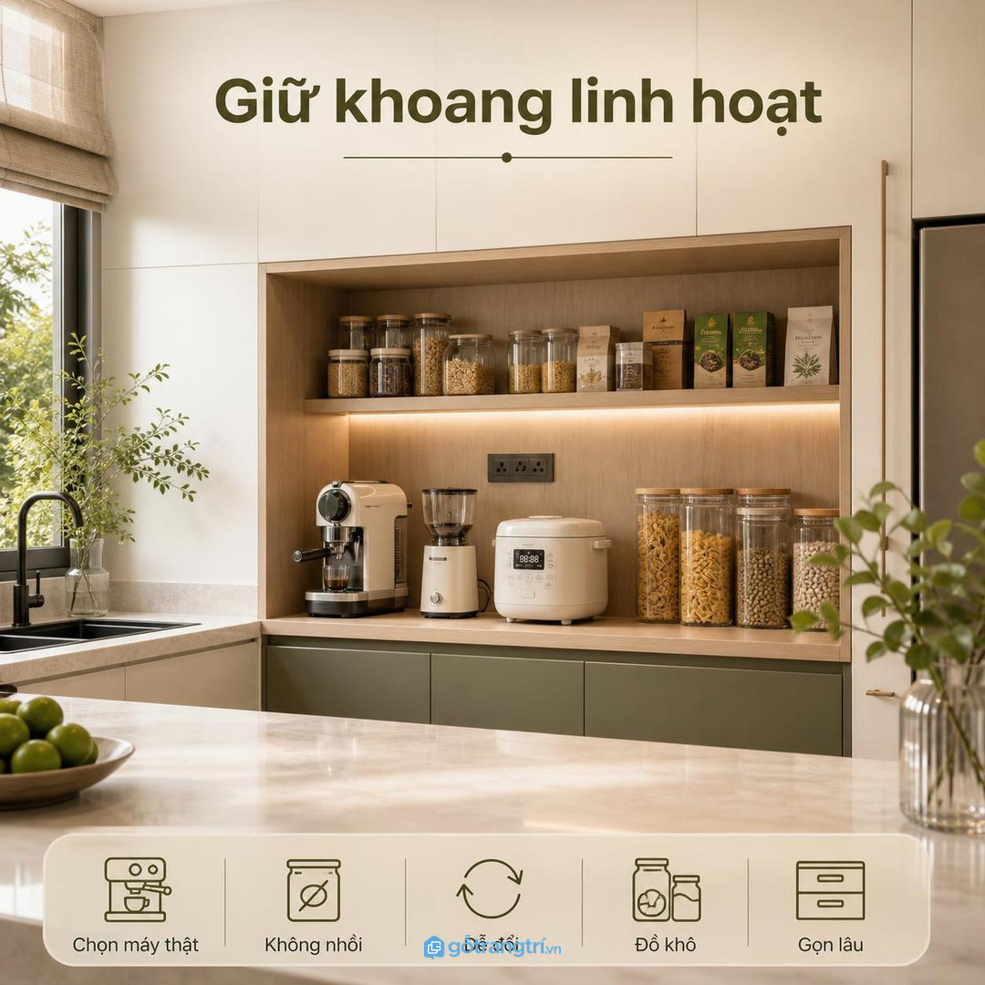 Bếp rất nhỏ nên giữ khoang linh hoạt cho 2-3 thiết bị dùng thật