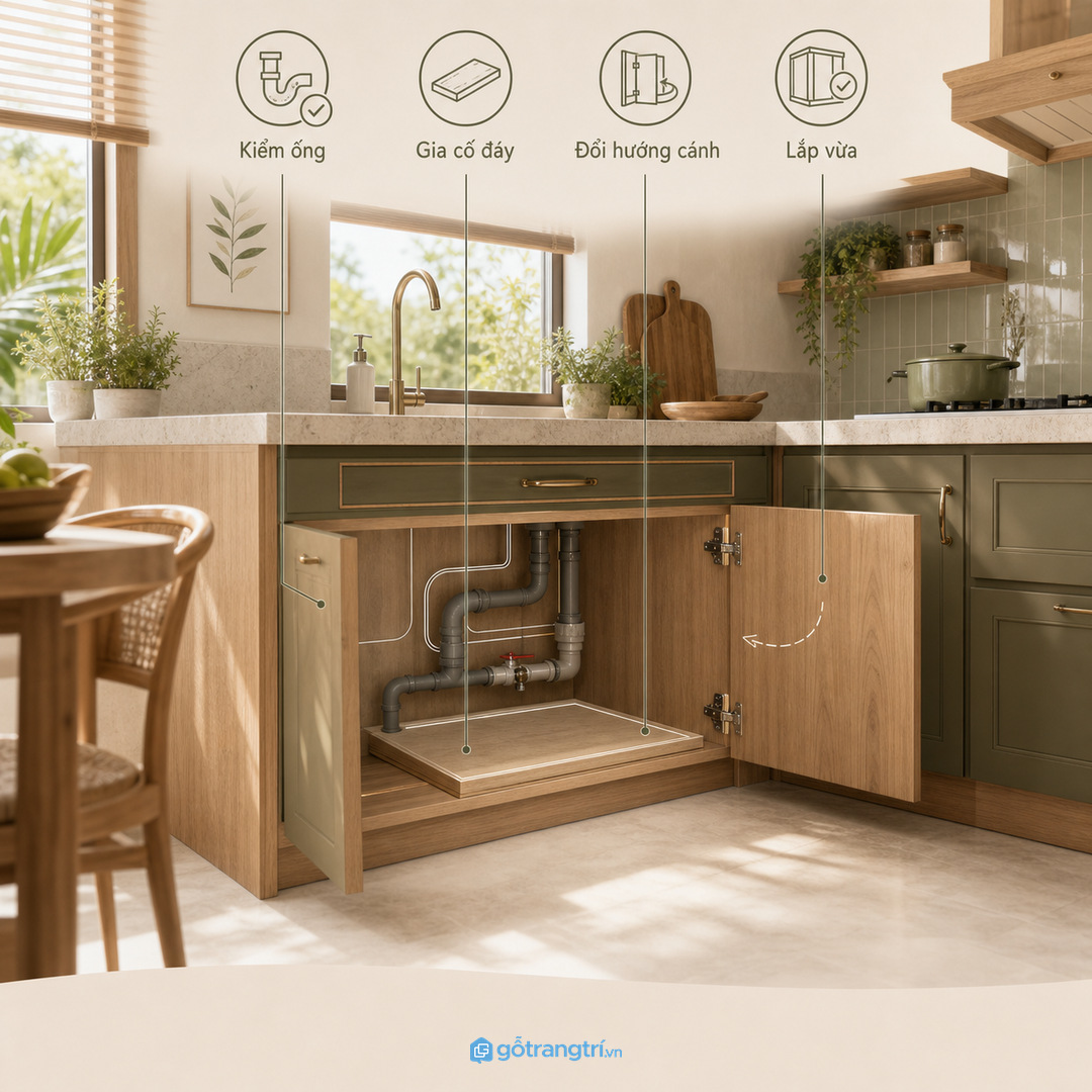Tủ bếp cũ cần gia cố và kiểm đường ống trước khi làm khoang bình nước