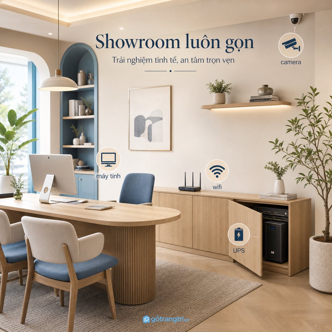 Showroom tư vấn cần nguồn dự phòng kín đáo cho máy tính và camera