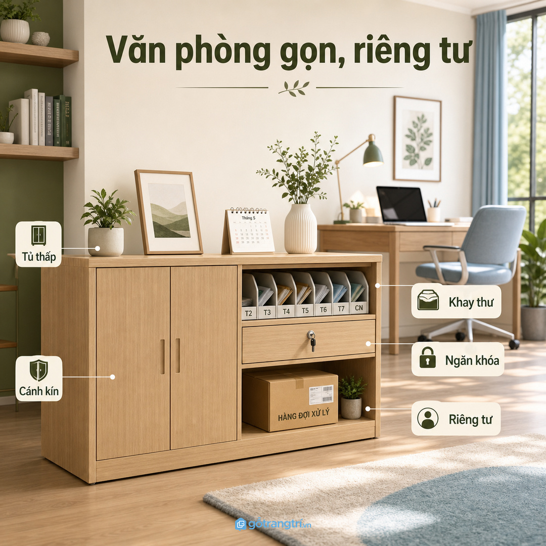 Văn phòng gia đình cần tủ thấp, kín và ít lộ giấy tờ cá nhân