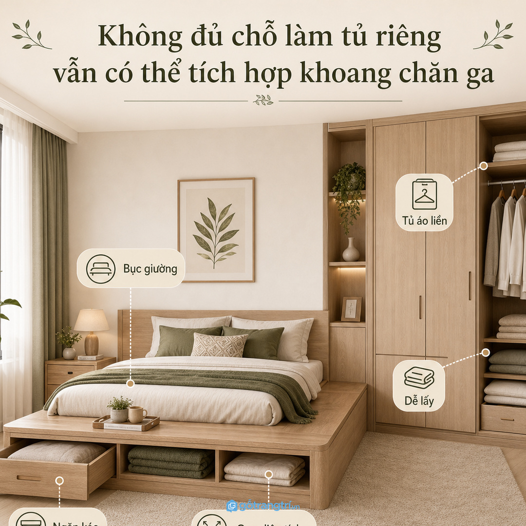 Không đủ chỗ làm tủ riêng vẫn có thể tích hợp khoang chăn ga trong giường hoặc tủ áo