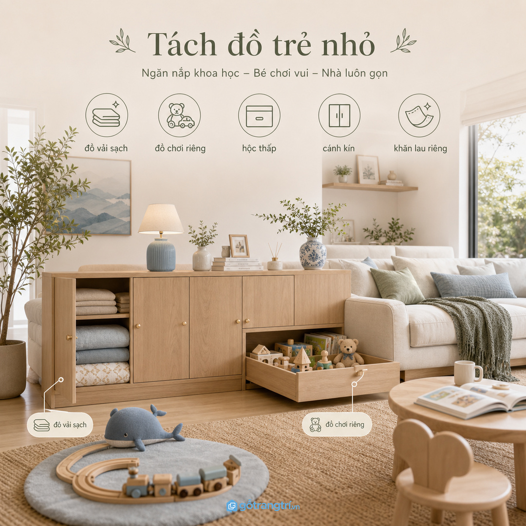 Phòng khách nhỏ trong căn hộ hợp tủ thấp liền kệ tivi hoặc cạnh sofa