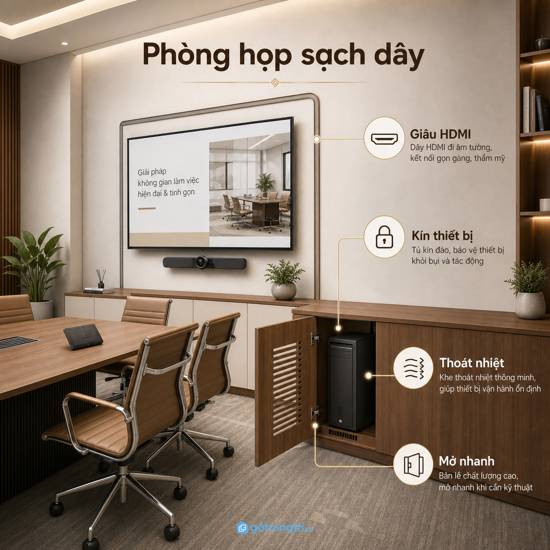 Phòng họp nhỏ cần giấu CPU và dây trình chiếu gọn gàng