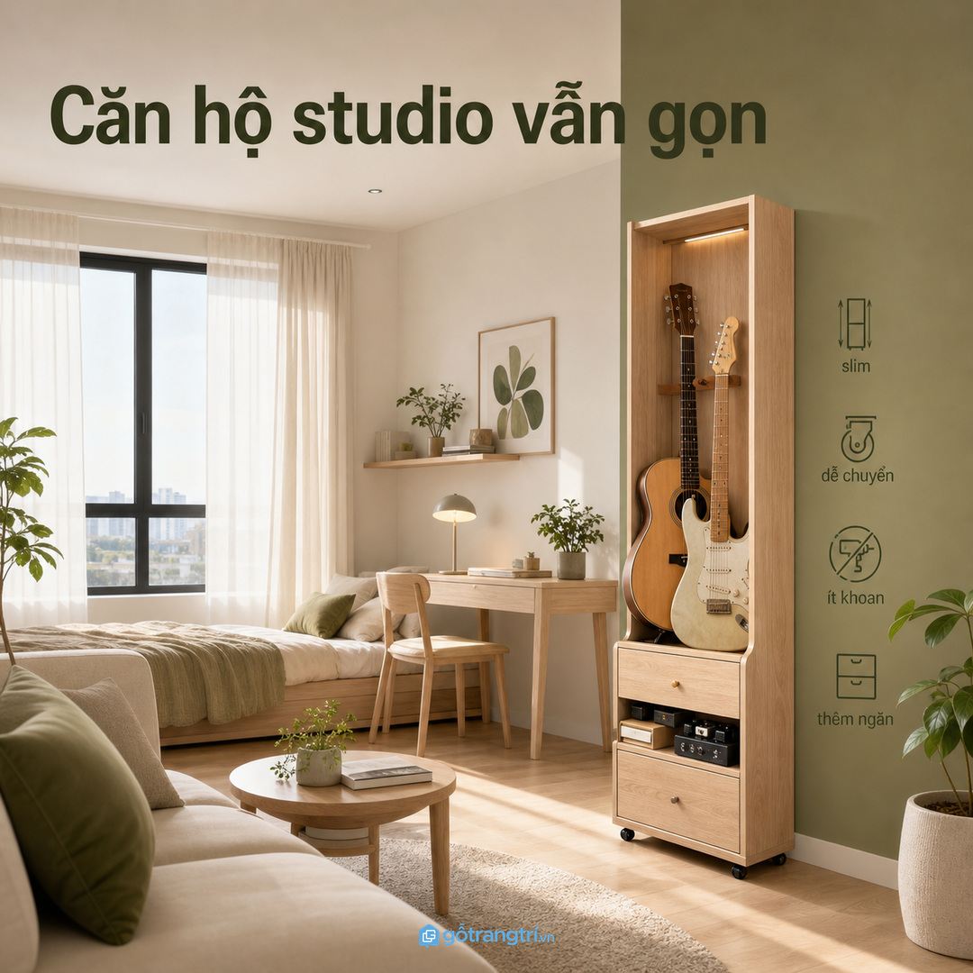Bếp mở phòng khách vẫn gọn dây đàn