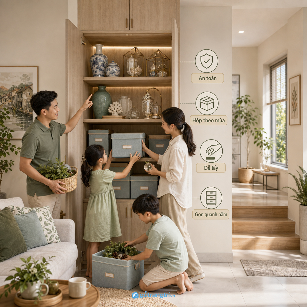 Nhà có trẻ nhỏ nên để đồ dễ vỡ lên cao, hộp nhẹ ở khoang thấp