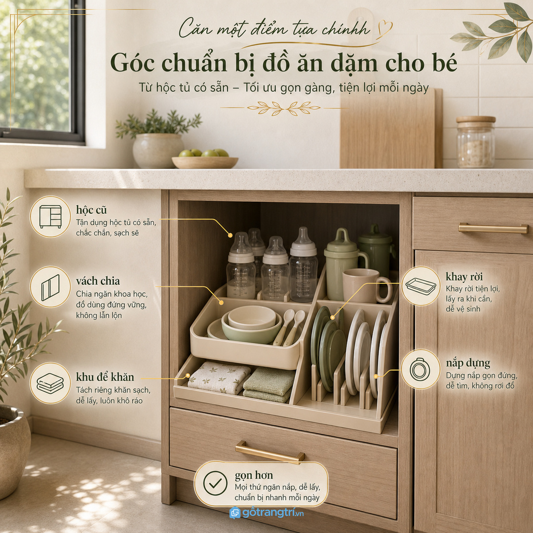 Tủ bếp cũ có thể cải tạo một hộc thành góc đồ ăn dặm cho bé
