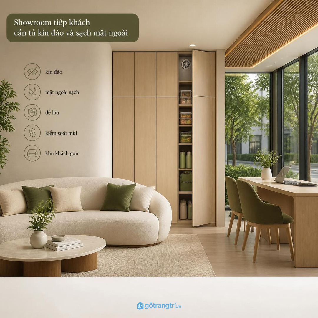 Showroom tiếp khách cần tủ kín đáo và sạch mặt ngoài
