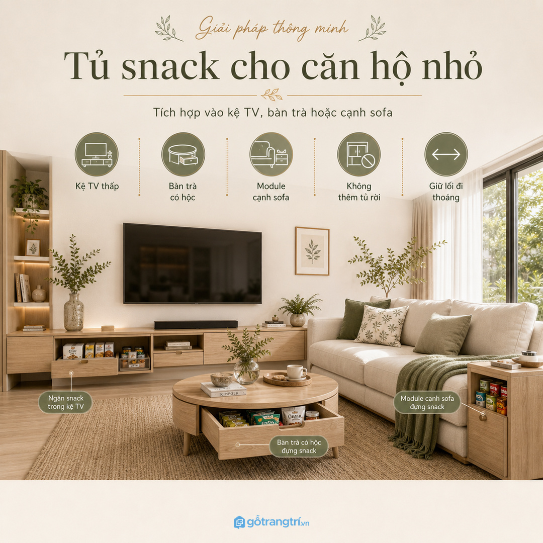 Căn hộ nhỏ hợp tủ đồ ăn vặt liền kệ tivi hoặc bàn trà