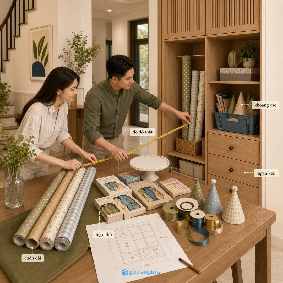 May đo theo đồ thật giúp tủ gọn nhưng không ép gãy cuộn giấy, bóng bay và hộp nhỏ