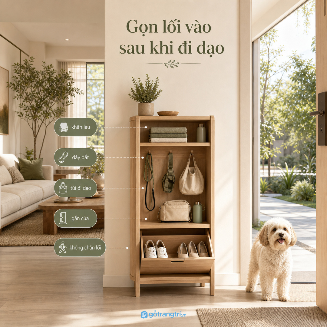 Nhà phố có sân trước nên có khoang khăn lau và túi đi dạo