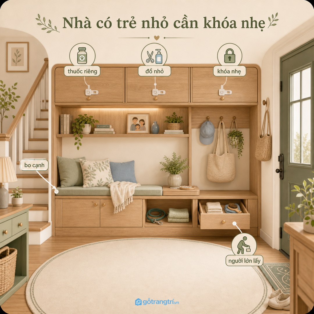 Gia đình có trẻ nhỏ cần ngăn khóa nhẹ cho thuốc, kéo, dầu tắm và đồ nhỏ