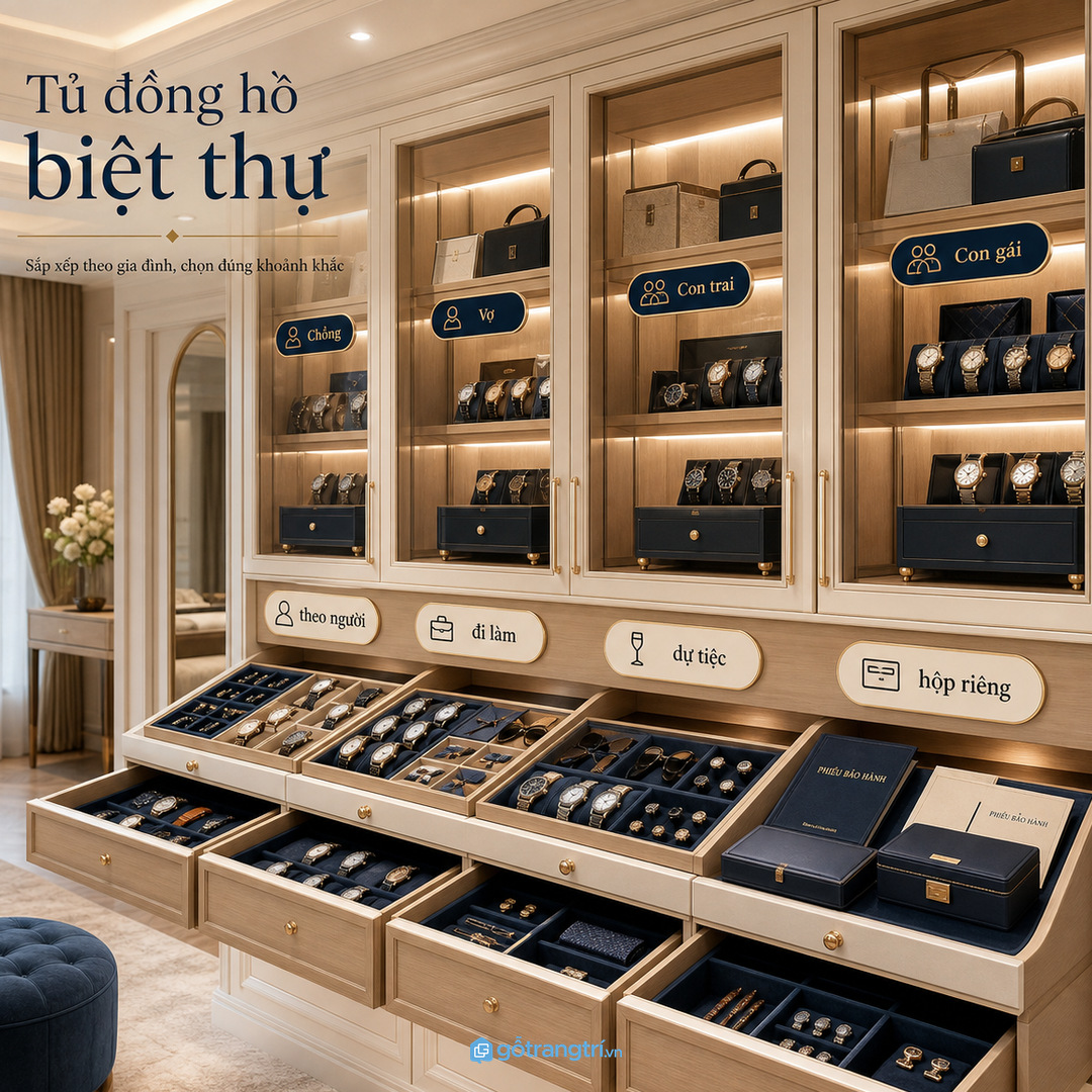 Gia đình nhiều người nên chia tủ đồng hồ theo người và dịp dùng