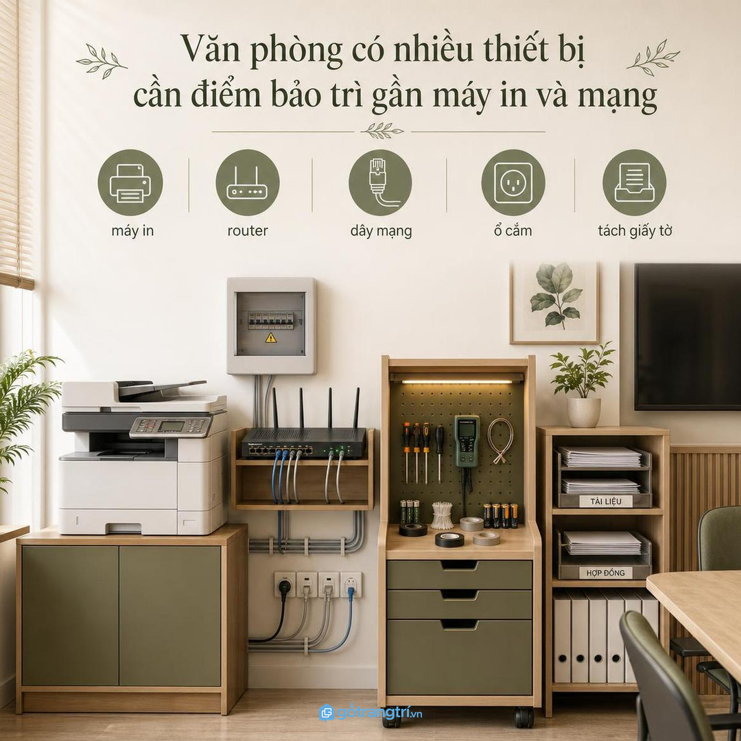 Khu máy in và thiết bị mạng cần điểm bảo trì gọn gần đó