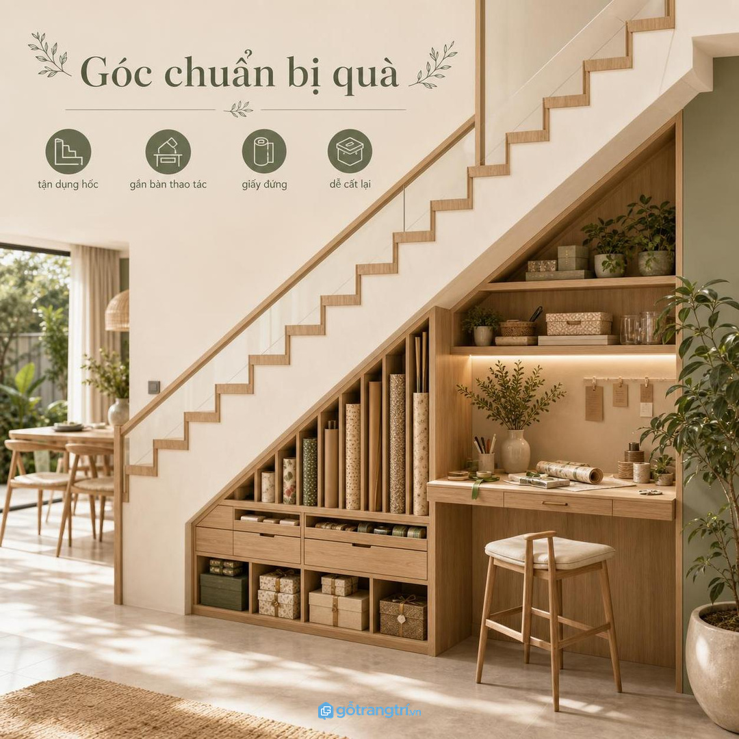 Tủ gầm thang hoặc lối vào có thể thành góc chuẩn bị quà gọn đẹp