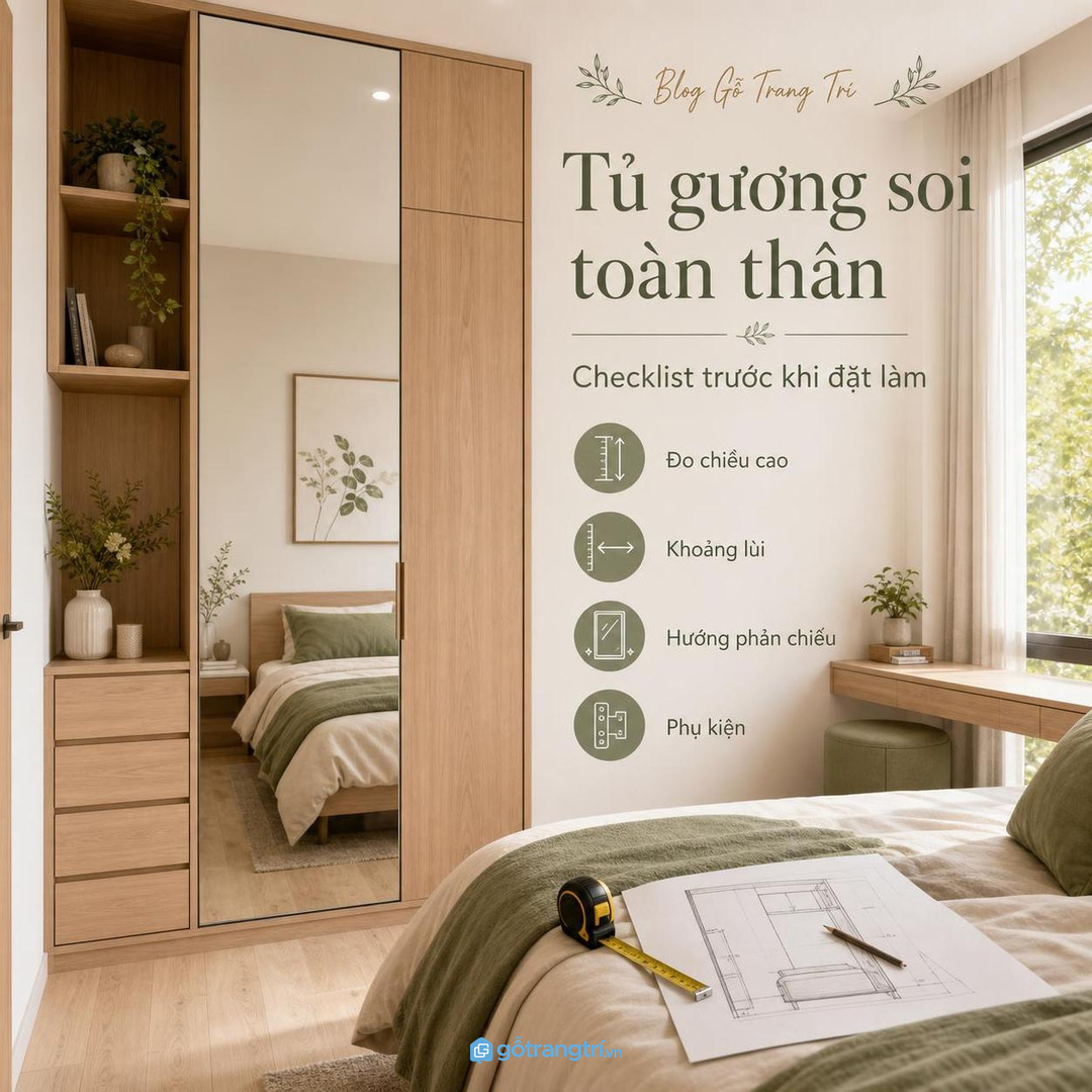 Góc đầu giường hoặc cửa phòng cần kiểm lối đi, ánh sáng và riêng tư trước khi đặt tủ