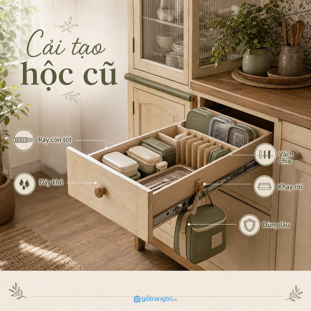 Tủ bếp cũ có thể cải tạo một hộc thành góc hộp cơm