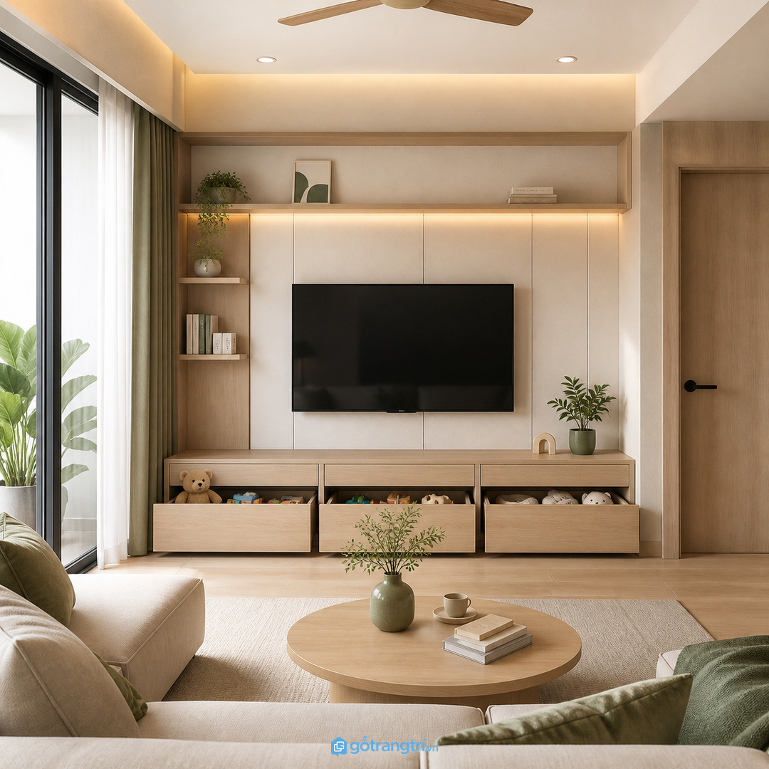 Tủ tivi có ngăn kéo thấp giúp giấu đồ chơi mà phòng khách vẫn sạch mắt