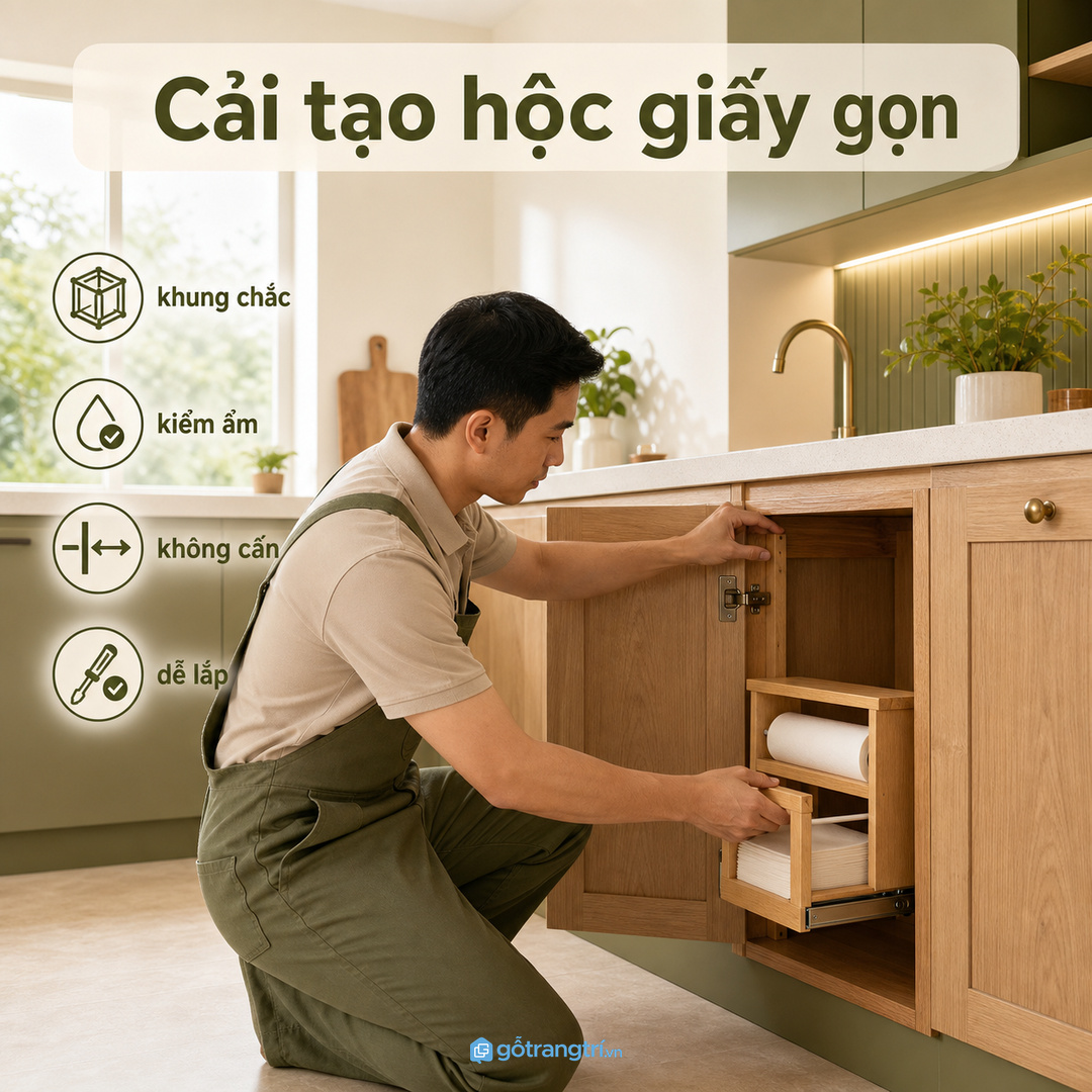 Tủ bếp cũ có thể cải tạo thêm hộc giấy nếu khung còn tốt