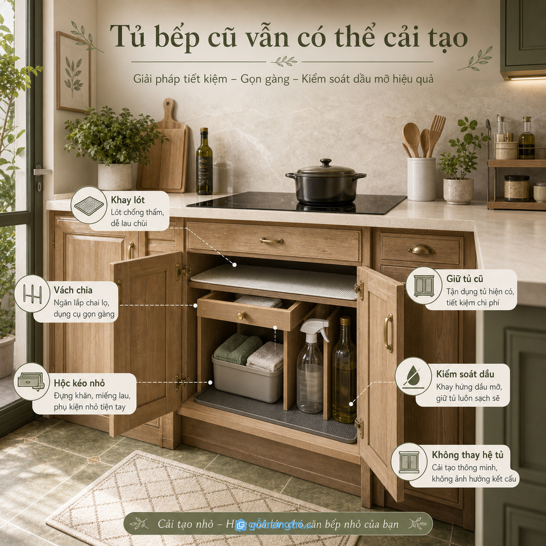 Tủ bếp cũ vẫn có thể cải tạo thêm khay lót và vách chia