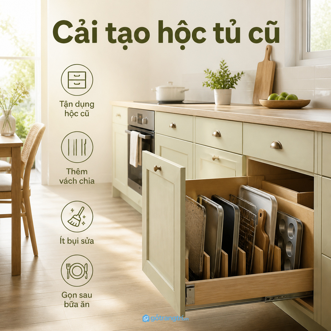 Tủ bếp cũ có thể cải tạo một hộc thành chỗ cất khay phục vụ