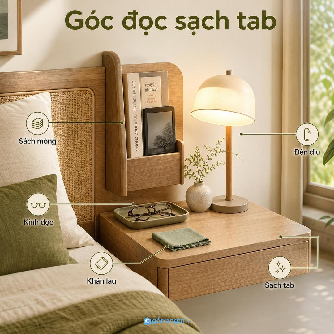 Góc đọc sách buổi tối cần khay kính và khăn lau gọn