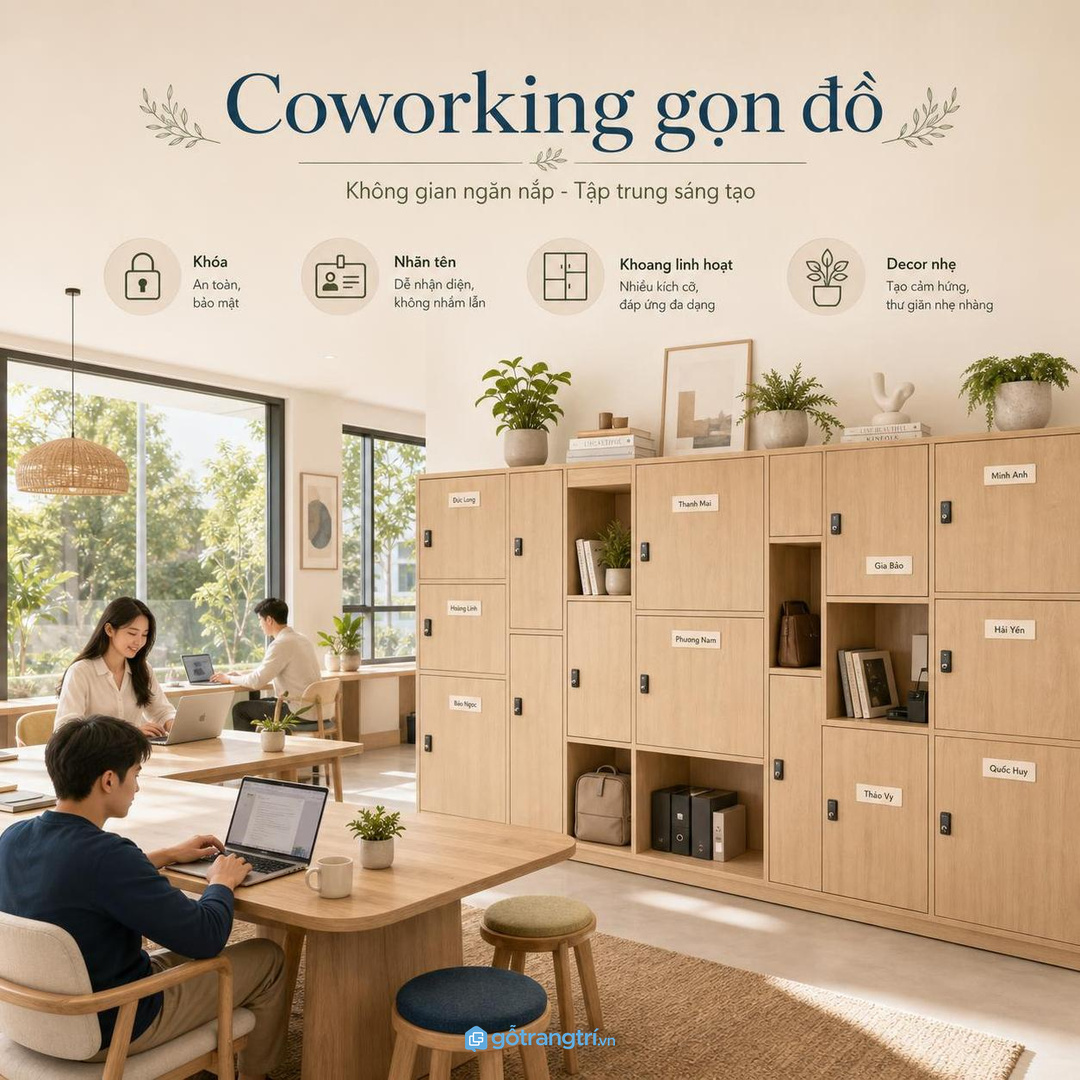 Coworking và studio sáng tạo hợp tủ locker có khóa, nhãn tên và khoang linh hoạt