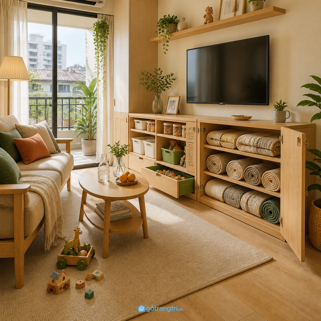 Căn hộ nhỏ hợp khoang cất thảm liền kệ tivi hoặc cạnh sofa