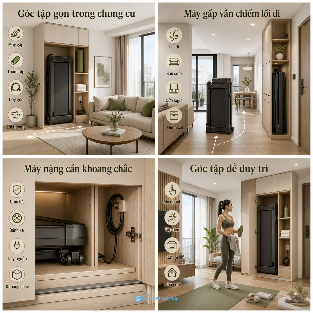 Người tập hằng ngày cần tủ mở nhanh, thao tác một tay và luôn sẵn đồ phụ trợ