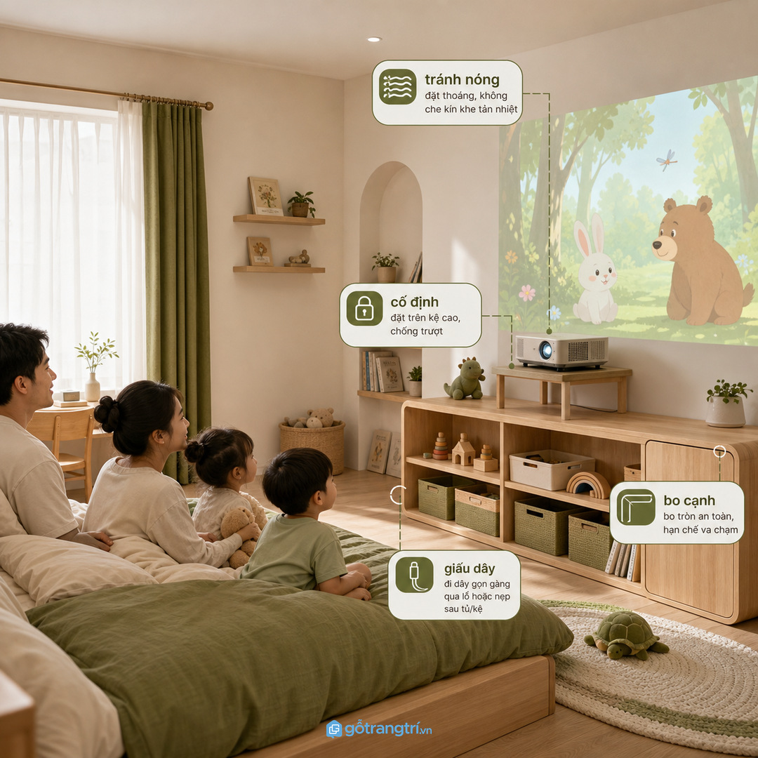 Nhà có trẻ nhỏ cần giấu dây bo cạnh và cố định máy chiếu