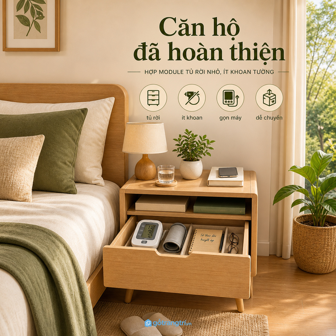 Căn hộ đã hoàn thiện hợp module tủ rời ít khoan tường
