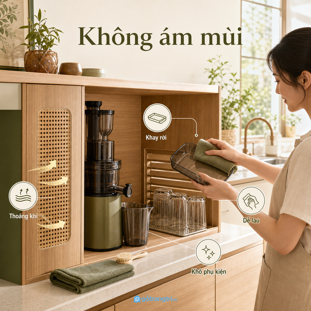 Bếp hay ép rau củ cần khay rời, khoang thoáng khí và phụ kiện khô để hạn chế mùi