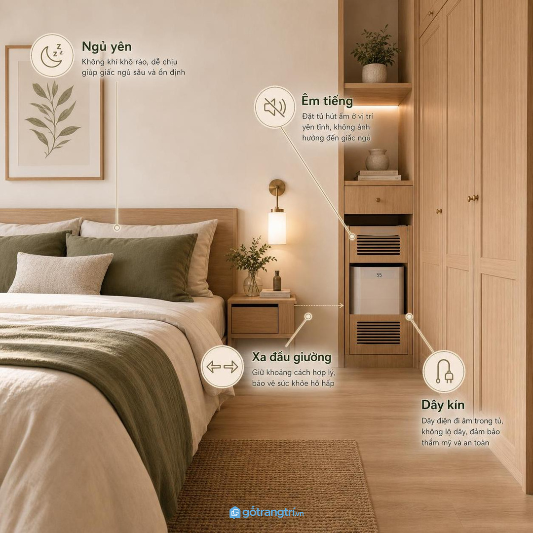 Phòng ngủ vợ chồng cần đặt máy êm, xa đầu giường và giấu dây an toàn