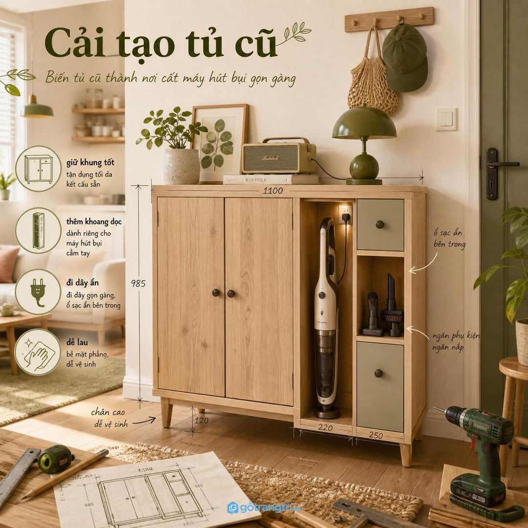Tủ cũ trong chung cư có thể cải tạo thêm khoang máy hút bụi