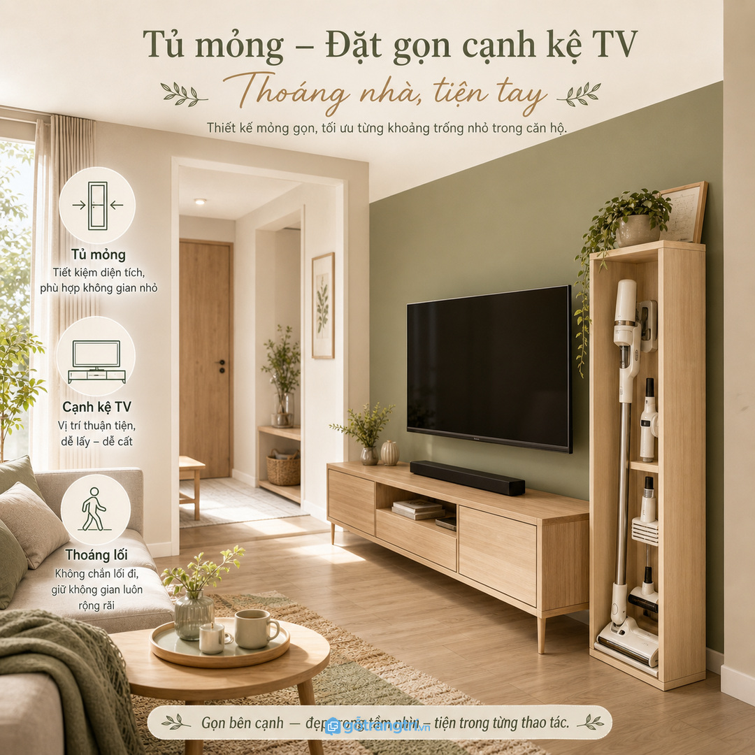 Phòng khách rộng nên tích hợp khoang máy hút bụi vào hệ tủ lớn đồng bộ