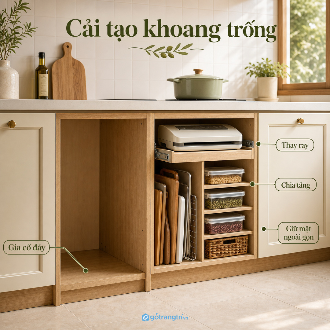 Tủ bếp cũ có thể cải tạo khoang trống để cất máy sơ chế