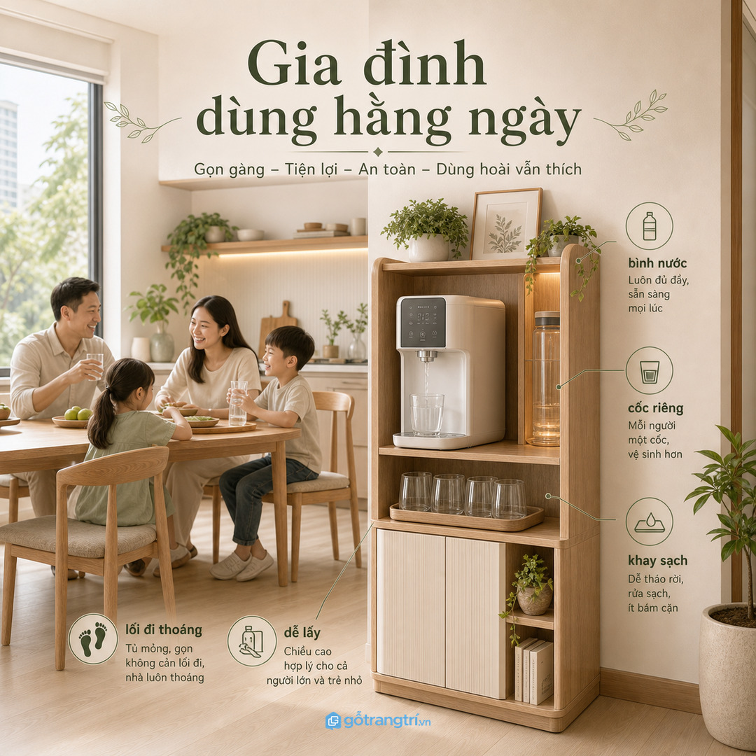 Gia đình dùng nước hằng ngày cần tủ mở ra tiện lấy đóng lại vẫn gọn