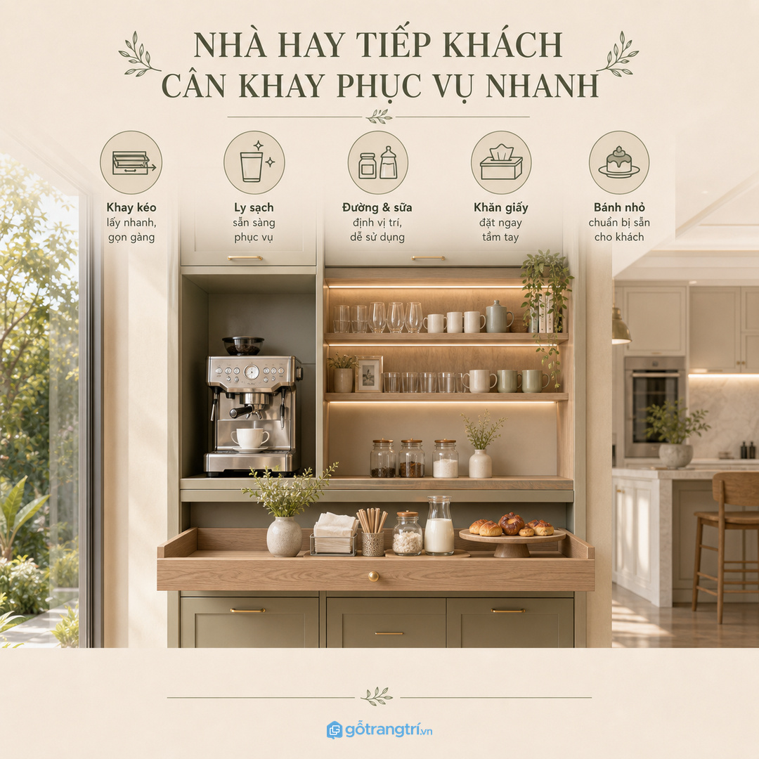 Tủ bếp cũ có thể cải tạo thành góc cà phê nếu còn chắc khô