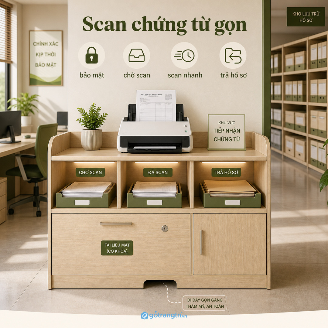 Văn phòng liền kho nên tách tủ máy in khỏi bụi và va chạm