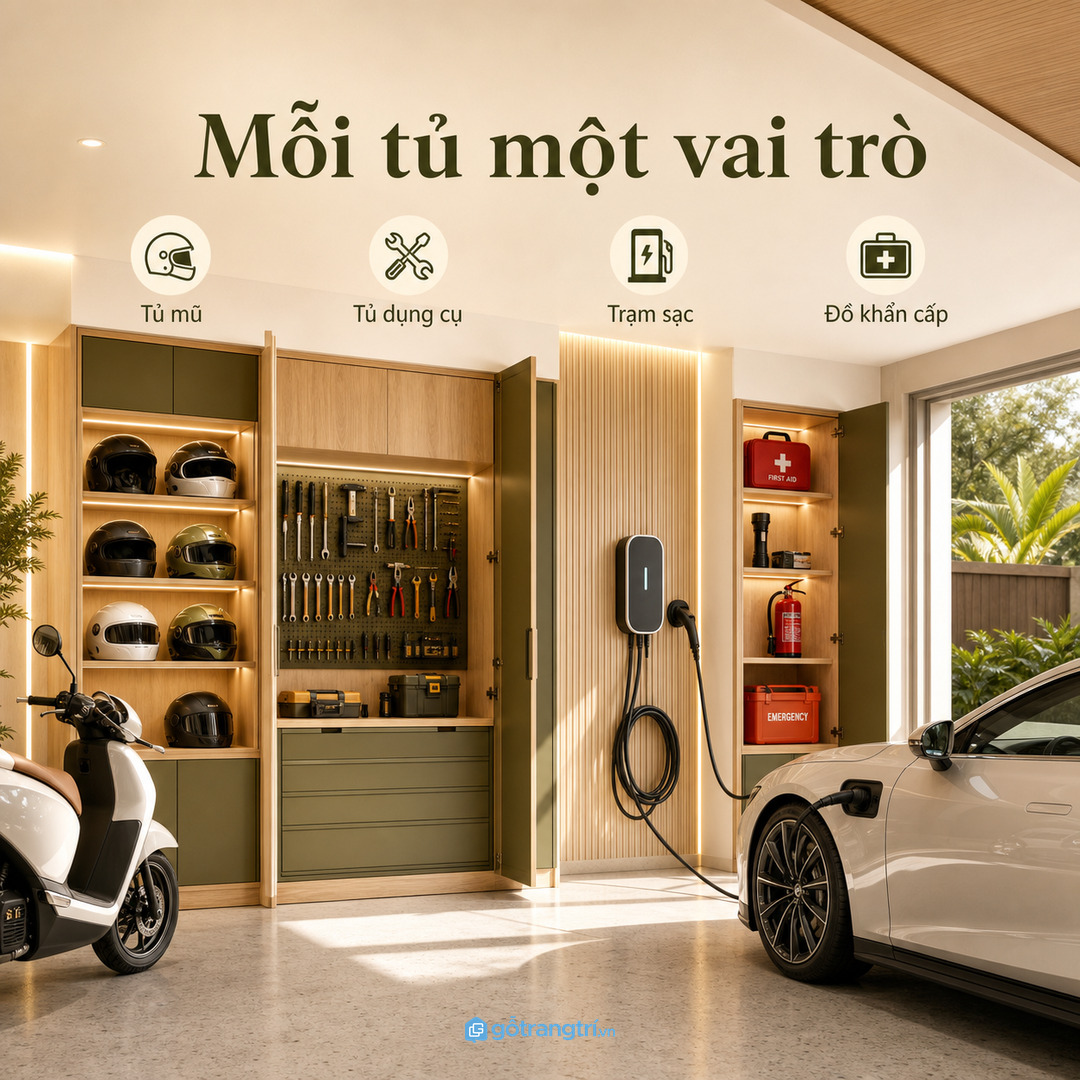 Gara đã có trạm sạc hoặc tủ dụng cụ nên tách rõ khu mũ bảo hiểm để không rối