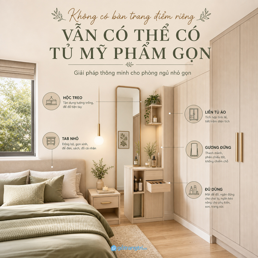 Phòng ngủ nhỏ không có bàn trang điểm riêng vẫn gọn